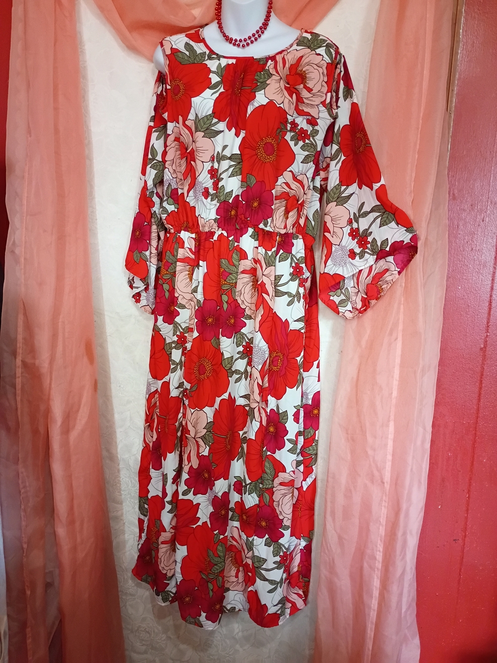 Go Coco Ladies Red Floral Maxi Dress w/ Elastic Waist Sz 2X